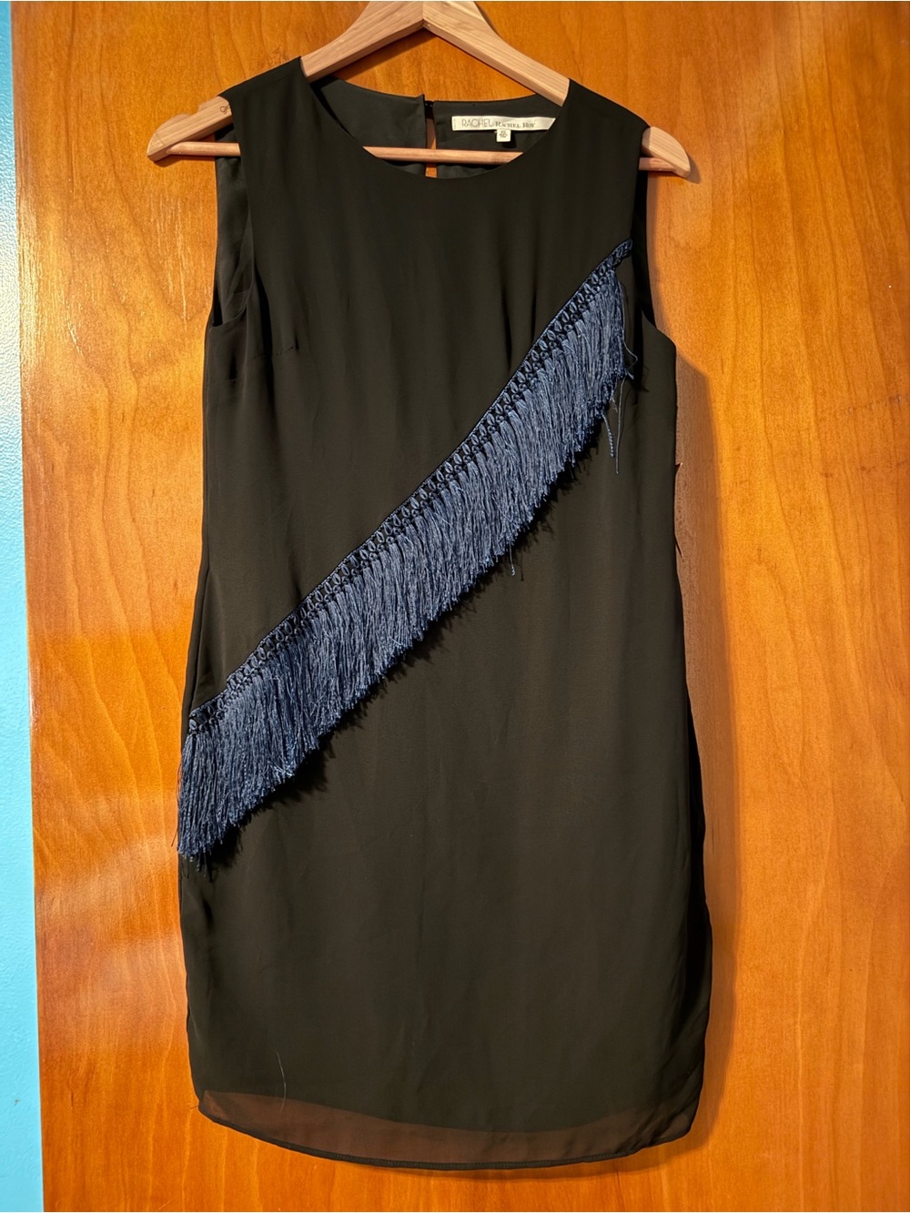 RACHEL Rachel Roy Black Sleeveless Mini Dress with Navy Fringe